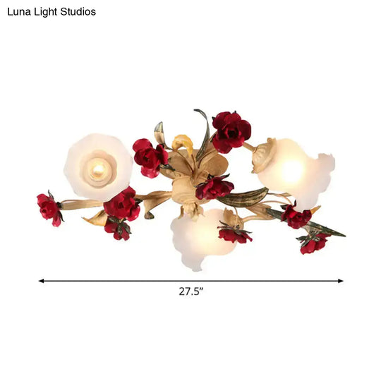 Romantic Pastoral Living Room Semi Flush Mount With Flower Frosted Glass Shade In White - 3/5-Light