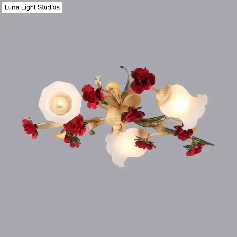 Romantic Pastoral Living Room Semi Flush Mount With Flower Frosted Glass Shade In White - 3/5-Light