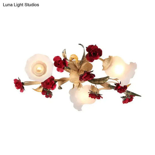 Romantic Pastoral Living Room Semi Flush Mount With Flower Frosted Glass Shade In White - 3/5-Light