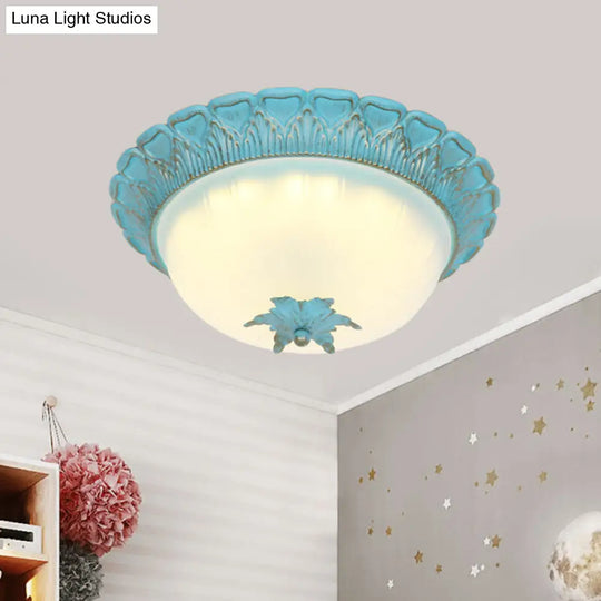 Romantic Pastoral Milky Glass Led Ceiling Lamp - Domed Bedroom Flush Mount Choice Of 16/19.5 Wide