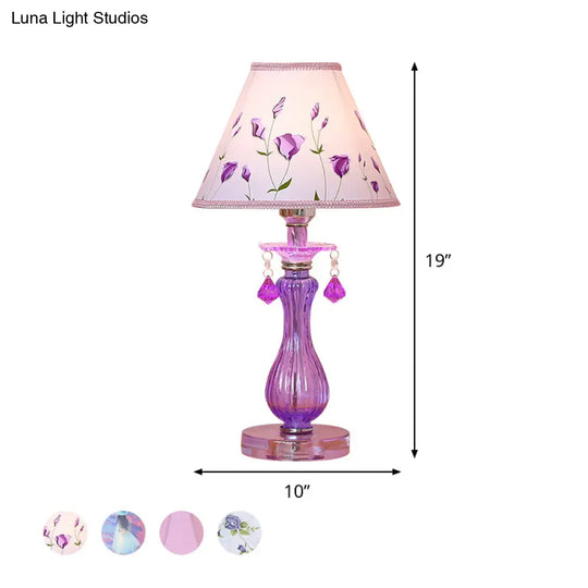 Romantic Pastoral Nightstand Lamp: Purple Cone Light With Fabric Shade And Crystal Accent