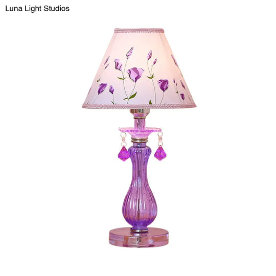 Romantic Pastoral Nightstand Lamp: Purple Cone Light With Fabric Shade And Crystal Accent