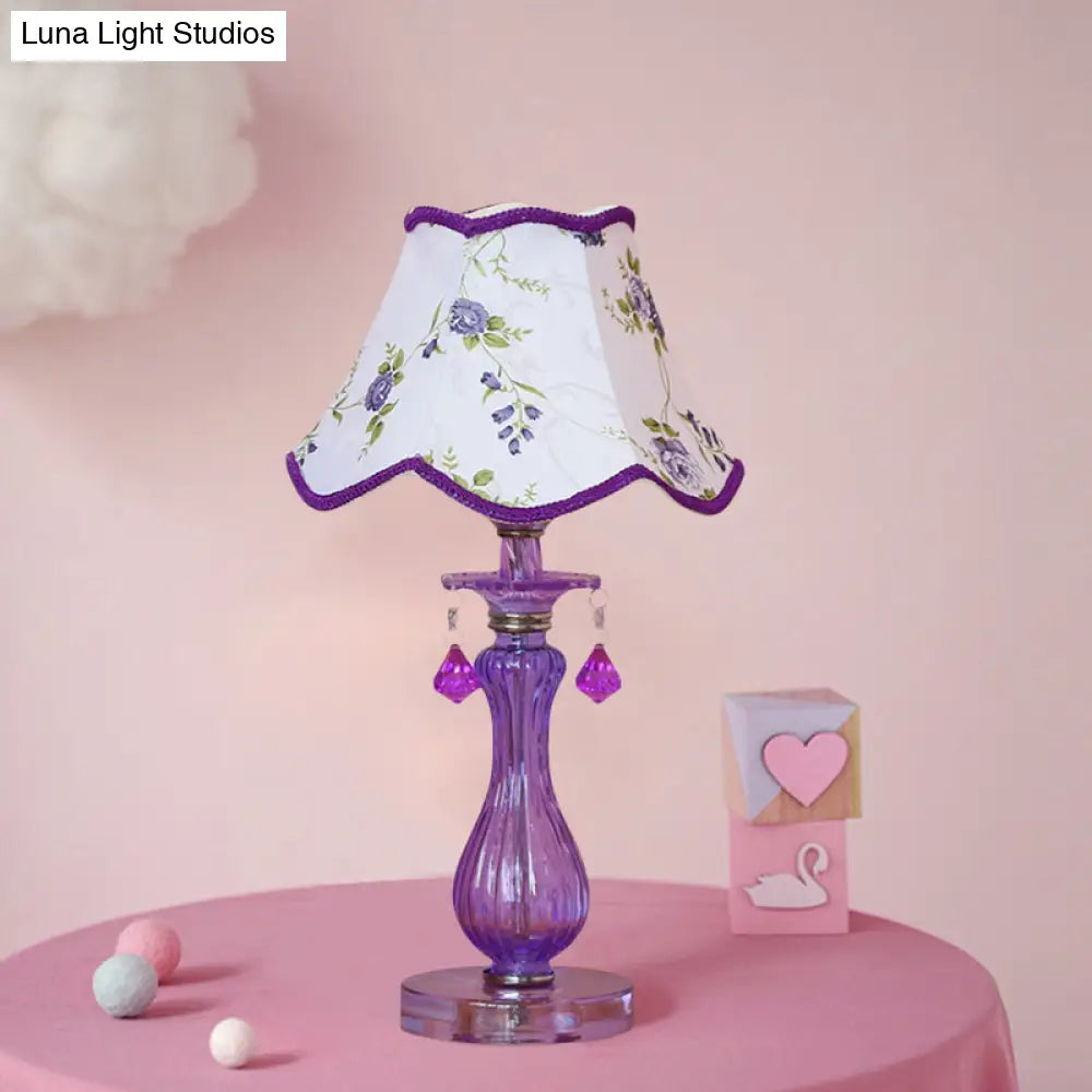 Romantic Pastoral Nightstand Lamp: Purple Cone Light With Fabric Shade And Crystal Accent