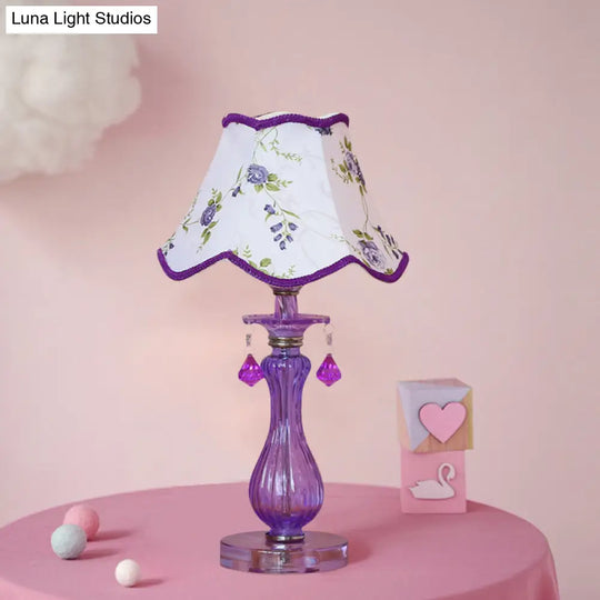 Romantic Pastoral Nightstand Lamp: Purple Cone Light With Fabric Shade And Crystal Accent