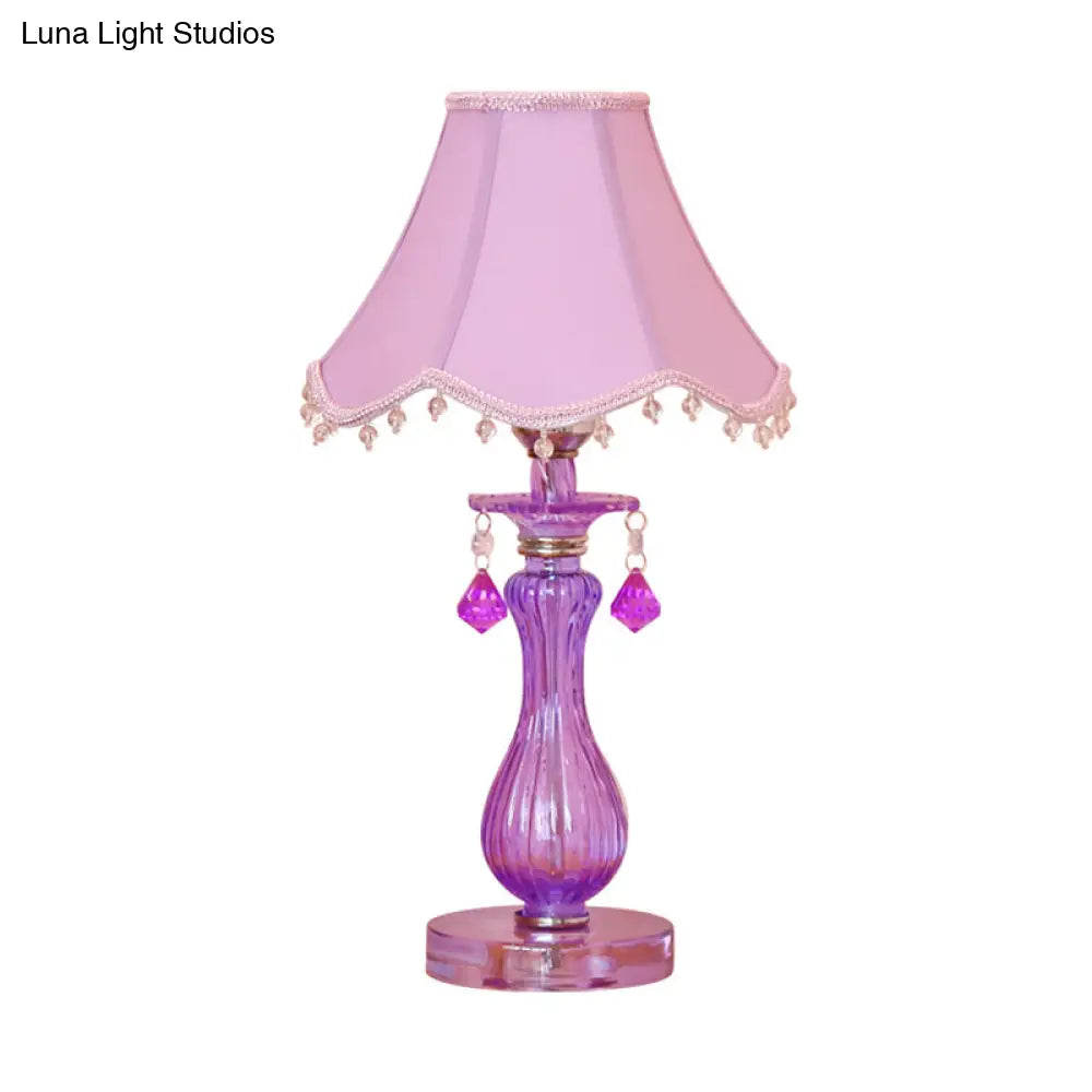 Romantic Pastoral Nightstand Lamp: Purple Cone Light With Fabric Shade And Crystal Accent