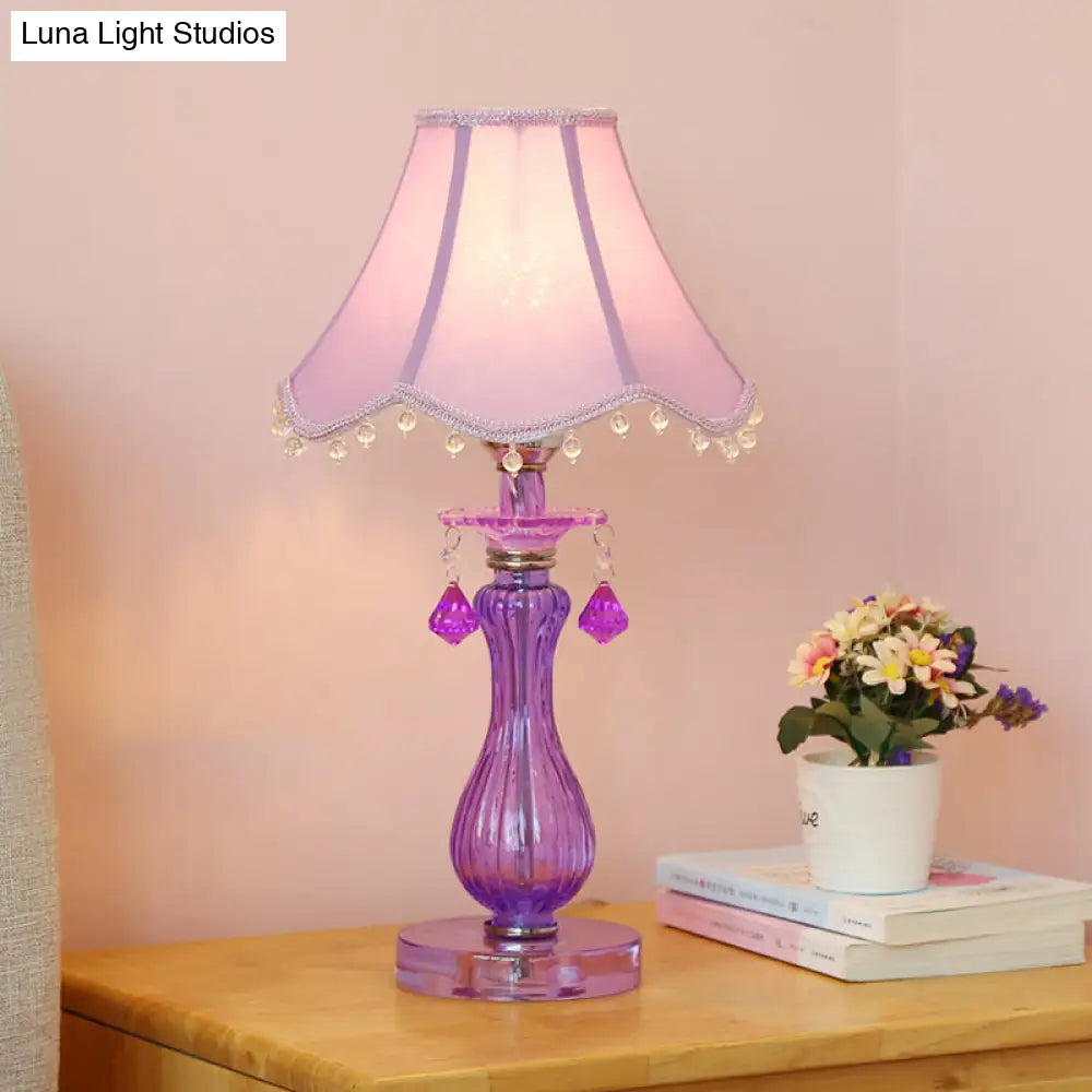 Romantic Pastoral Nightstand Lamp: Purple Cone Light With Fabric Shade And Crystal Accent