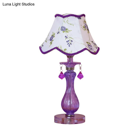 Romantic Pastoral Nightstand Lamp: Purple Cone Light With Fabric Shade And Crystal Accent