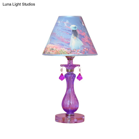 Romantic Pastoral Nightstand Lamp: Purple Cone Light With Fabric Shade And Crystal Accent