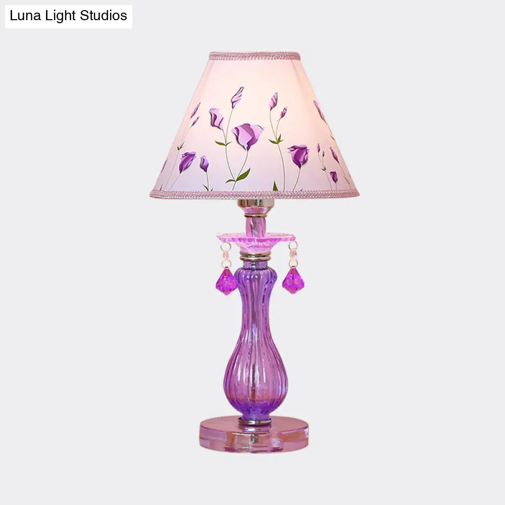 Romantic Pastoral Nightstand Lamp: Purple Cone Light With Fabric Shade And Crystal Accent