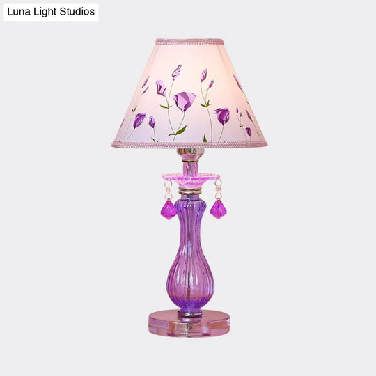 Romantic Pastoral Nightstand Lamp: Purple Cone Light With Fabric Shade And Crystal Accent