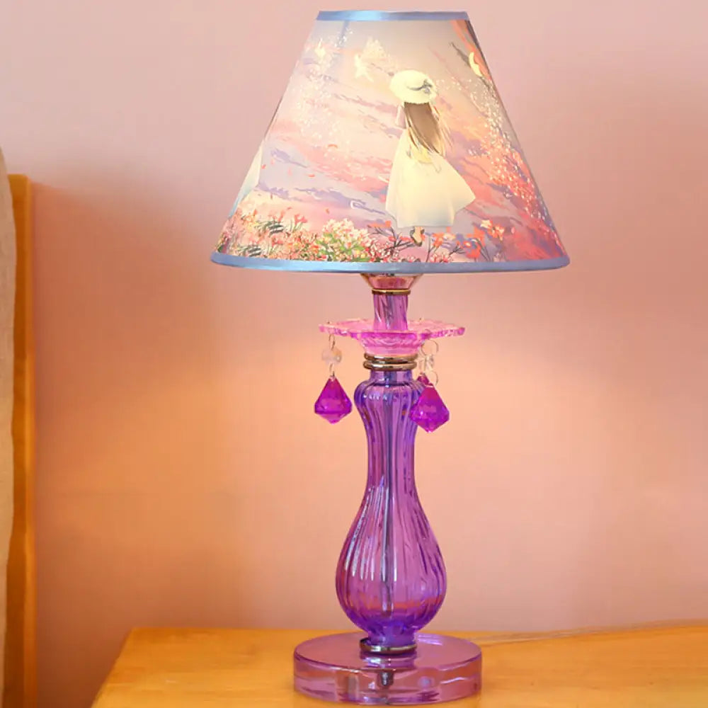 Romantic Pastoral Nightstand Lamp: Purple Cone Light With Fabric Shade And Crystal Accent / B