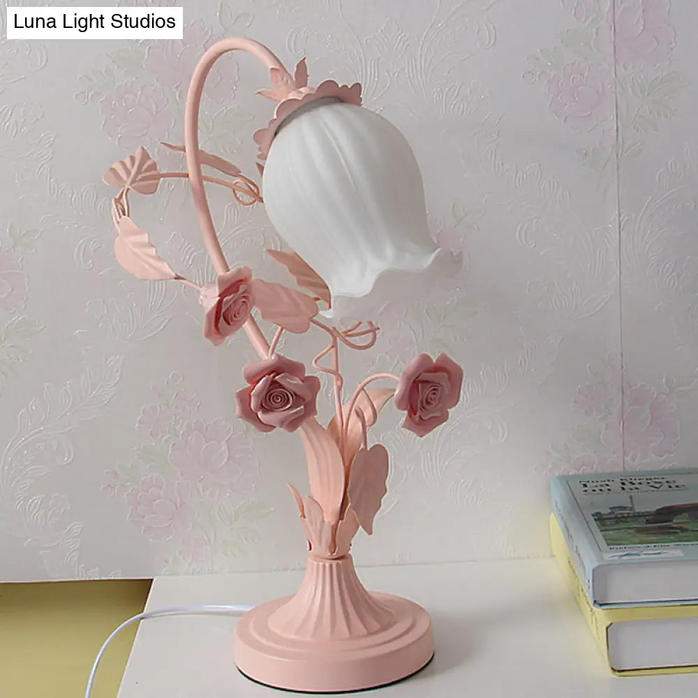 Romantic Pastoral Scalloped Opal Glass Table Light With Rose Accents - Pink/Blue/White Options