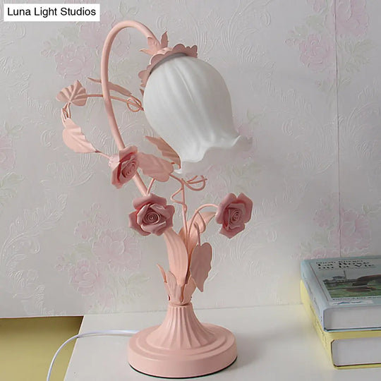 Romantic Pastoral Scalloped Opal Glass Table Light With Rose Accents - Pink/Blue/White Options