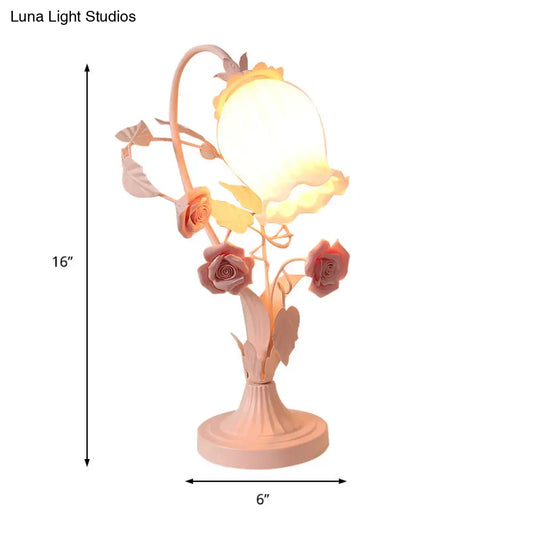 Romantic Pastoral Scalloped Opal Glass Table Light With Rose Accents - Pink/Blue/White Options