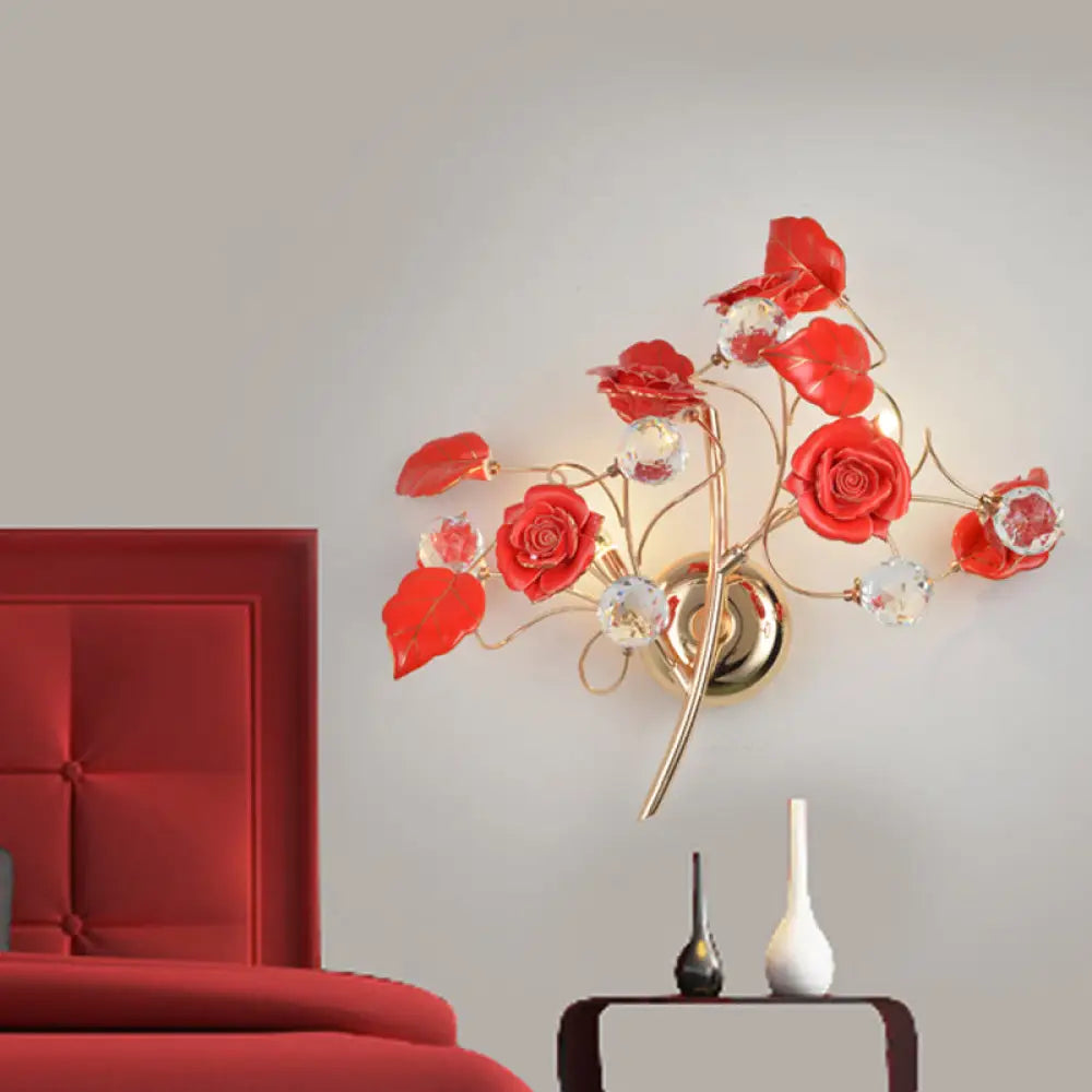 Romantic Red/White/Pink Rose Blossom Sconce With 2 Lights - Ceramic Wall Mount Lamp For Hotels Red