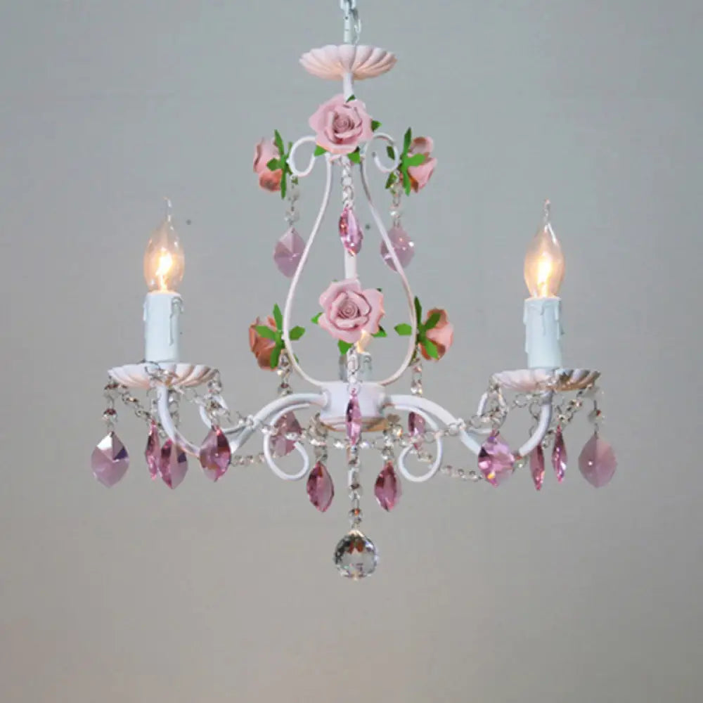 Romantic White Candlestick Chandelier With Pink Rose & Crystal Accents - Ceiling Light For Bedroom 3