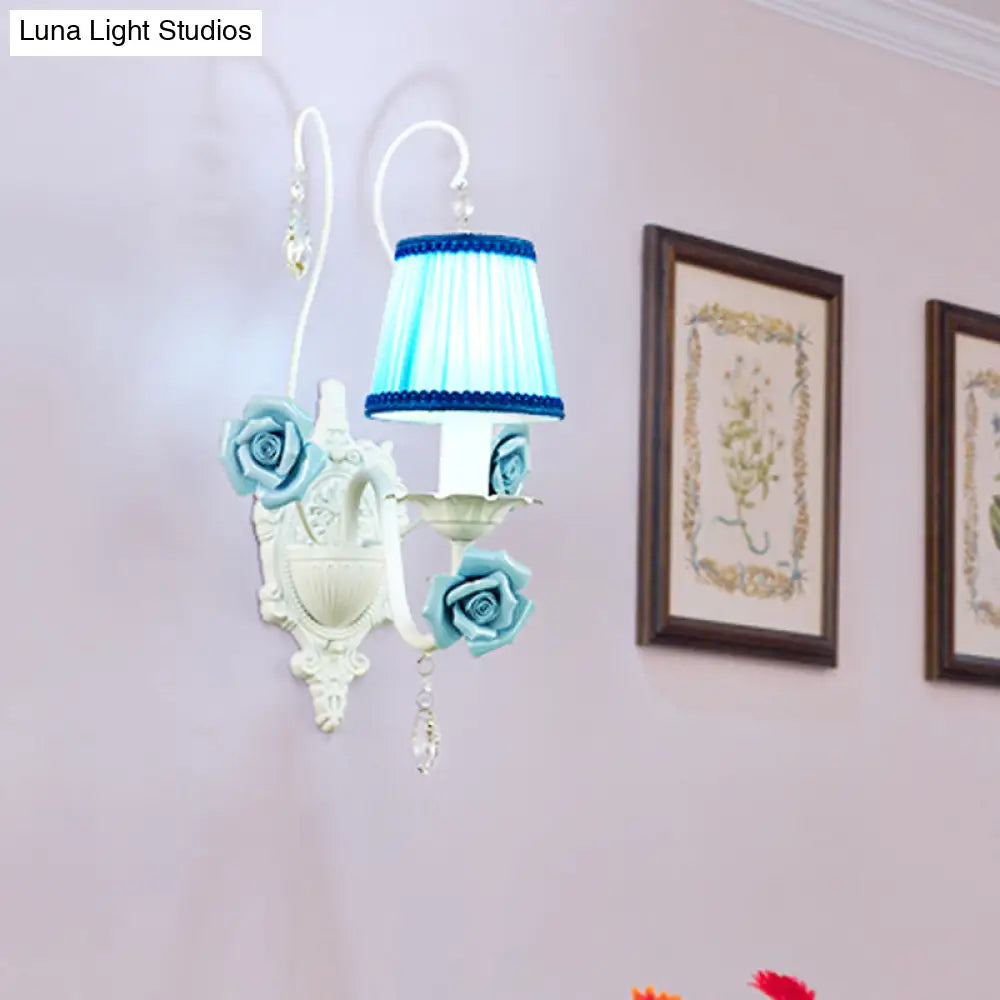 Romantic White Fabric Cone Wall Sconce With Crystal Drop