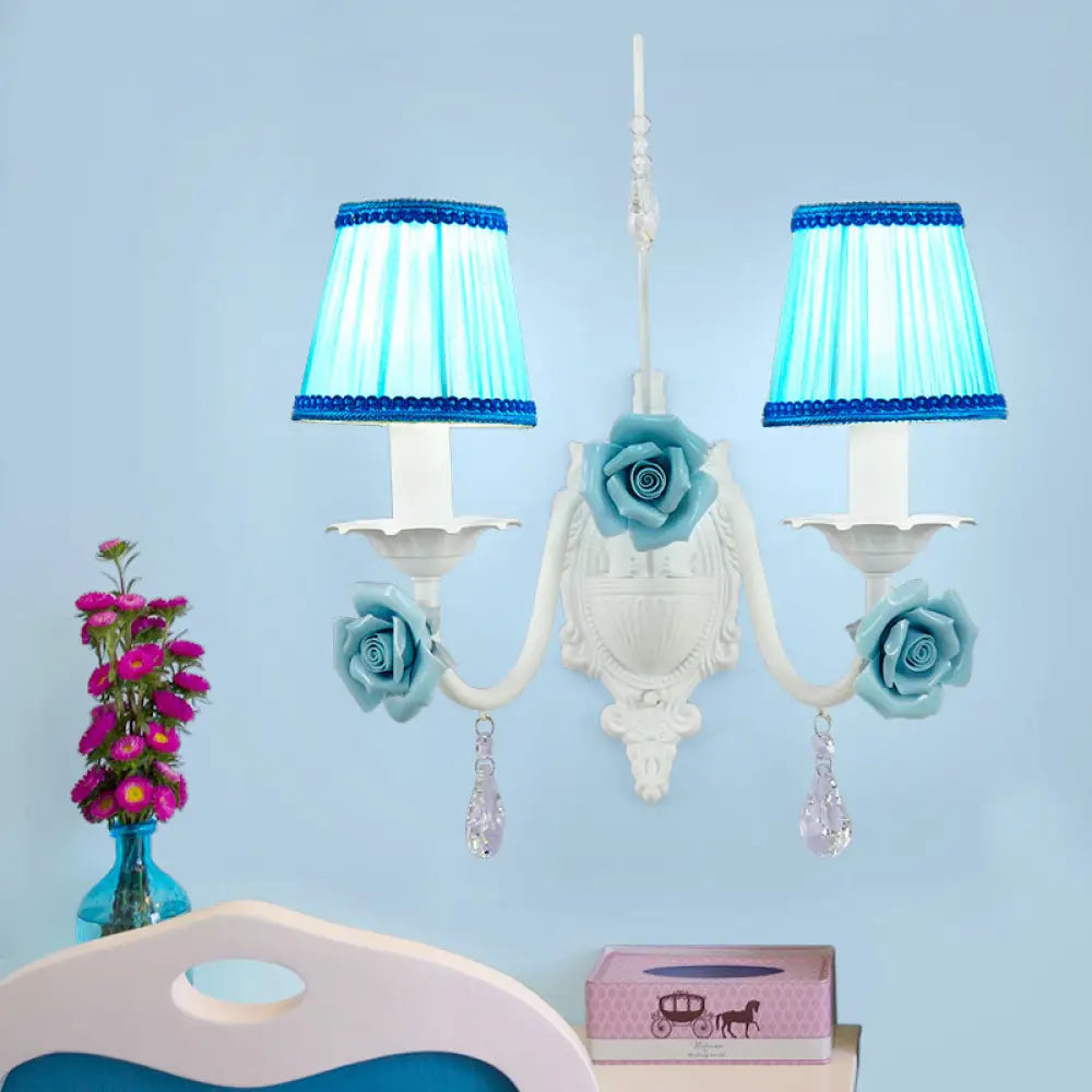 Romantic White Fabric Cone Wall Sconce With Crystal Drop 2 /