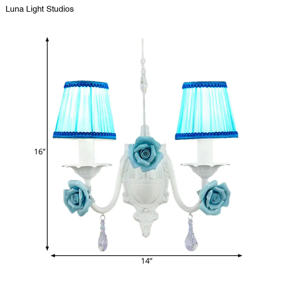 Romantic White Fabric Cone Wall Sconce With Crystal Drop