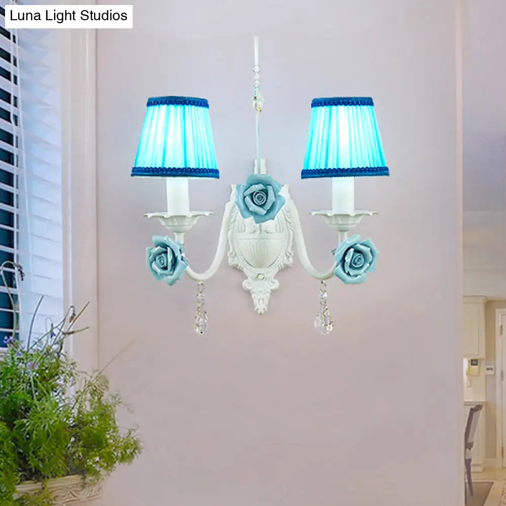 Romantic White Fabric Cone Wall Sconce With Crystal Drop