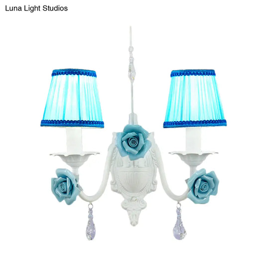 Romantic White Fabric Cone Wall Sconce With Crystal Drop