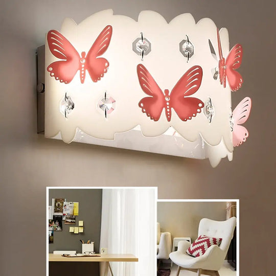 Romantic White Wall Lamp With Etched Pink Butterfly Design For Girls Bedroom /