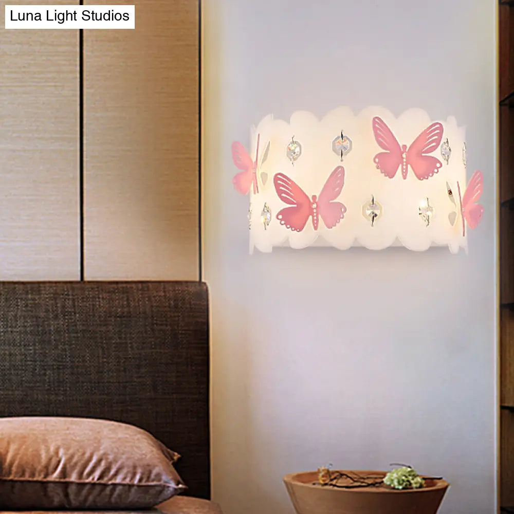 Romantic White Wall Lamp With Etched Pink Butterfly Design For Girls Bedroom