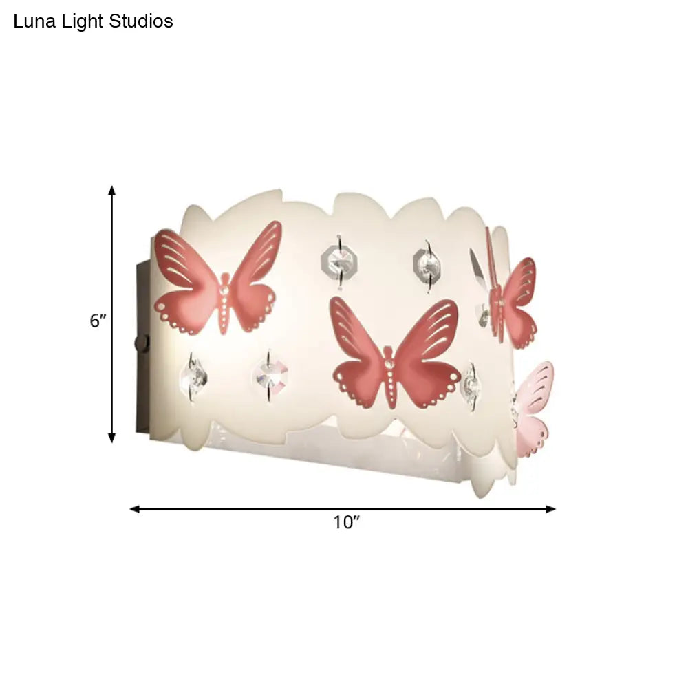 Romantic White Wall Lamp With Etched Pink Butterfly Design For Girls Bedroom