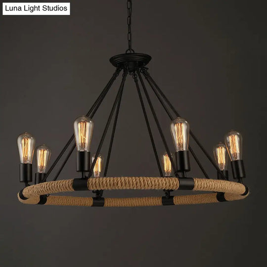 Rustic Circle Rope Chandelier With 6/8/14 Bulbs In Black And Brown By Factory 8 /