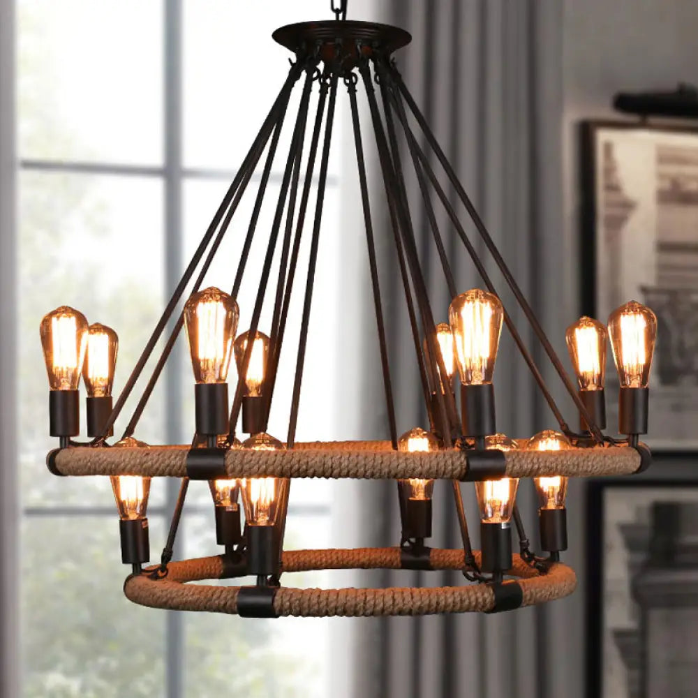 Rope-Wrapped Circle Pendant Light With Multiple Bulbs In Black And Brown 14 /