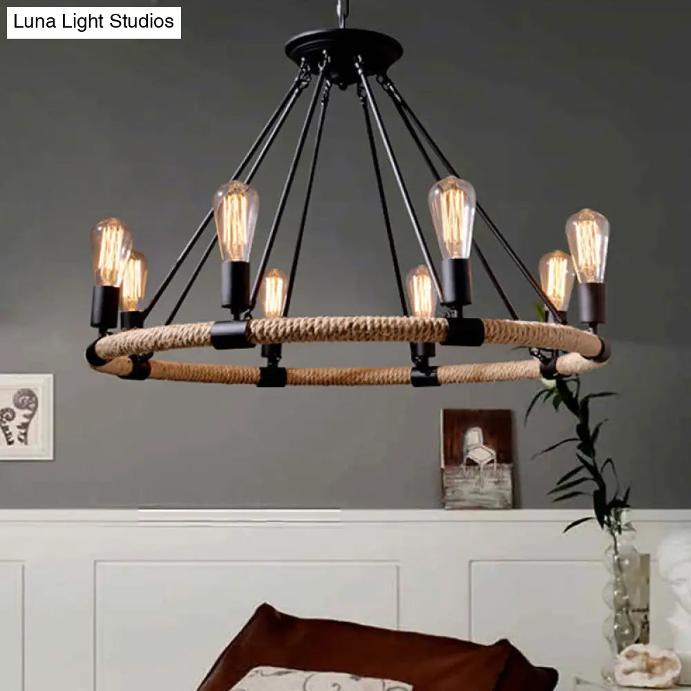 Rustic Circle Rope Chandelier With 6/8/14 Bulbs In Black And Brown By Factory