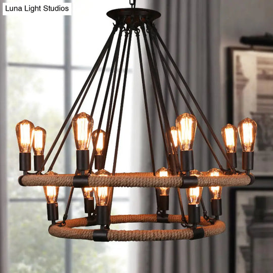 Rustic Circle Rope Chandelier With 6/8/14 Bulbs In Black And Brown By Factory 14 /