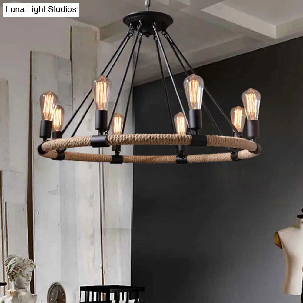 Rustic Circle Rope Chandelier With 6/8/14 Bulbs In Black And Brown By Factory