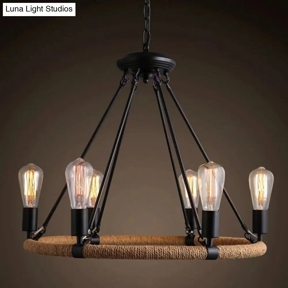 Rope-Wrapped Circle Pendant Light With Multiple Bulbs In Black And Brown