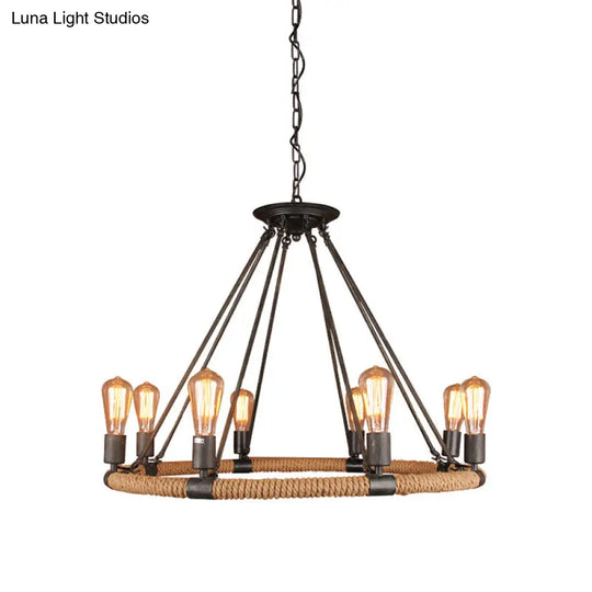 Rope-Wrapped Circle Pendant Light With Multiple Bulbs In Black And Brown