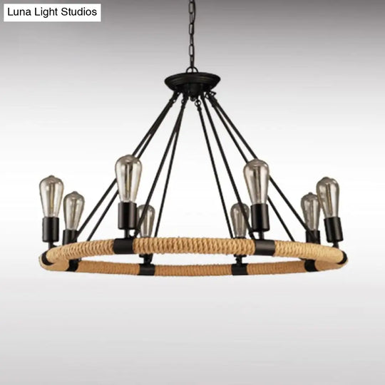 Rustic Circle Rope Chandelier With 6/8/14 Bulbs In Black And Brown By Factory 8 /