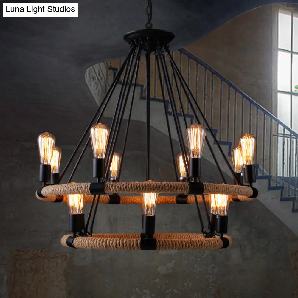 Rustic Circle Rope Chandelier With 6/8/14 Bulbs In Black And Brown By Factory