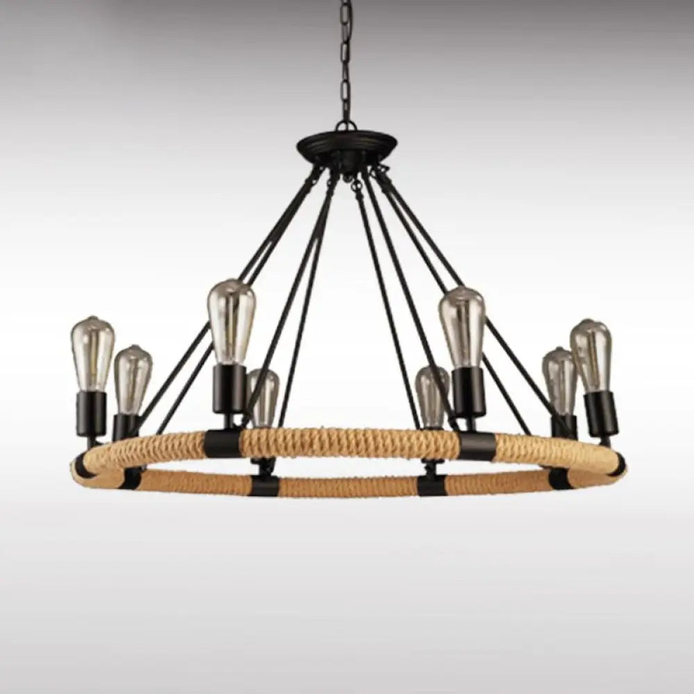 Rope-Wrapped Circle Pendant Light With Multiple Bulbs In Black And Brown 8 /