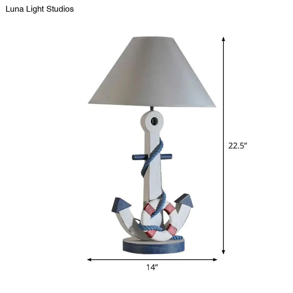 Kids White Desk Lamp With Anchor Wooden Base - Conical Fabric Task Lighting