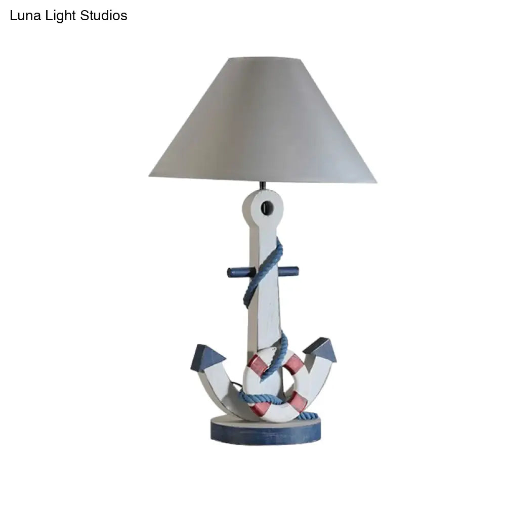 Kids White Desk Lamp With Anchor Wooden Base - Conical Fabric Task Lighting