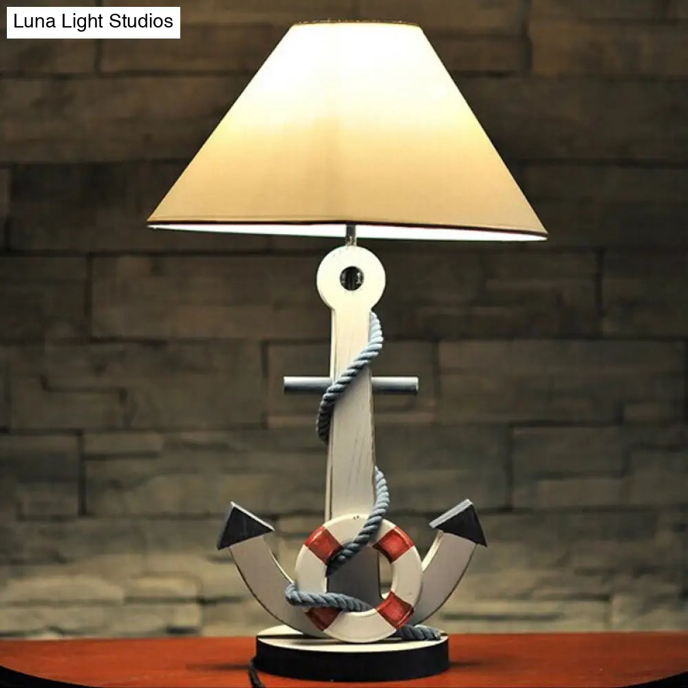 Kids White Desk Lamp With Anchor Wooden Base - Conical Fabric Task Lighting