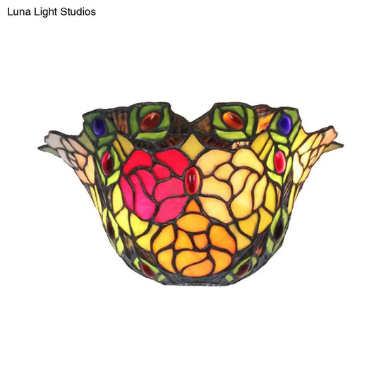 Rose And Jewel Stained Glass Floral Wall Sconce Light - Rustic Art Deco Foyer Lighting