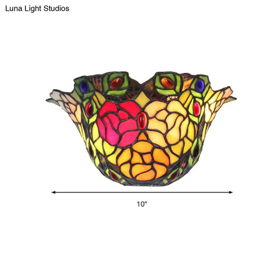 Rose And Jewel Stained Glass Floral Wall Sconce Light - Rustic Art Deco Foyer Lighting