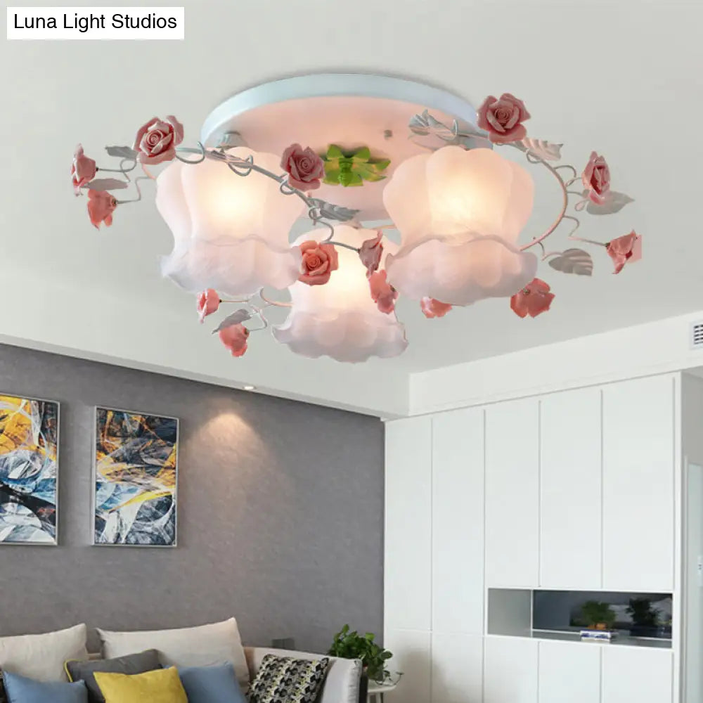 Rose Countryside Pink Ceiling Mount Flush Light Fixture With Mouth Blown Opal Glass For Bedroom -