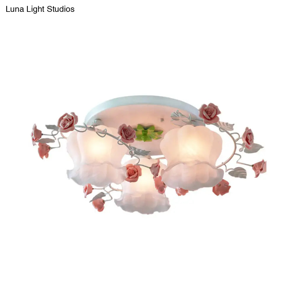 Rose Countryside Pink Ceiling Mount Flush Light Fixture With Mouth Blown Opal Glass For Bedroom -