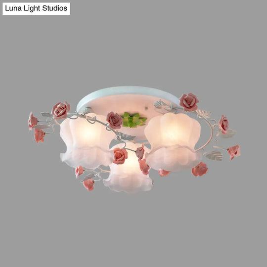 Rose Countryside Pink Ceiling Mount Flush Light Fixture With Mouth Blown Opal Glass For Bedroom -