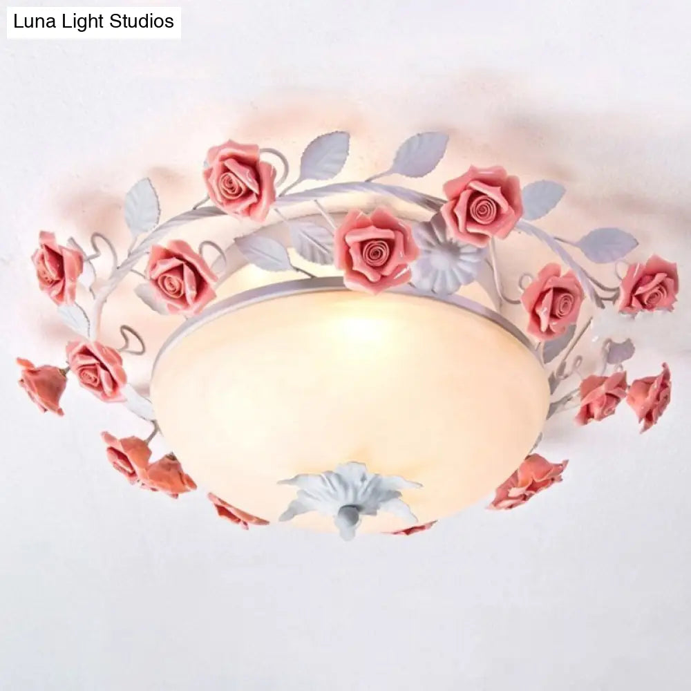 Rose Frosted Glass Flush Mount Ceiling Light For Bedrooms - 3 Lights Pastoral Design In White