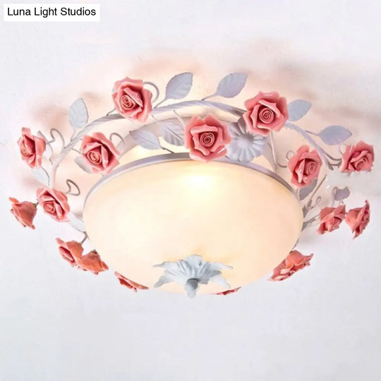 Rose Frosted Glass Flush Mount Ceiling Light For Bedrooms - 3 Lights Pastoral Design In White