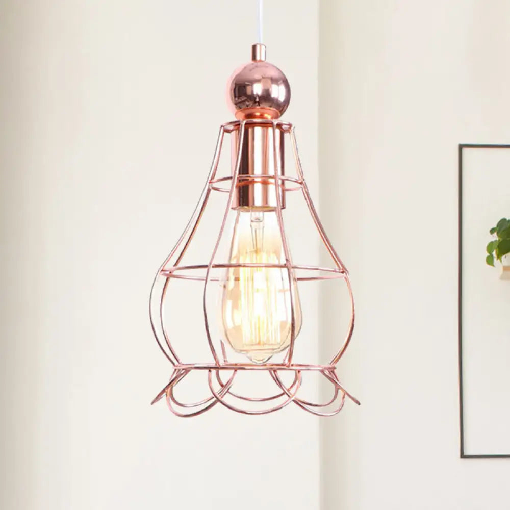 Rose Gold Caged Pendant Lamp - Loft Style Hanging Light With Adjustable Cord