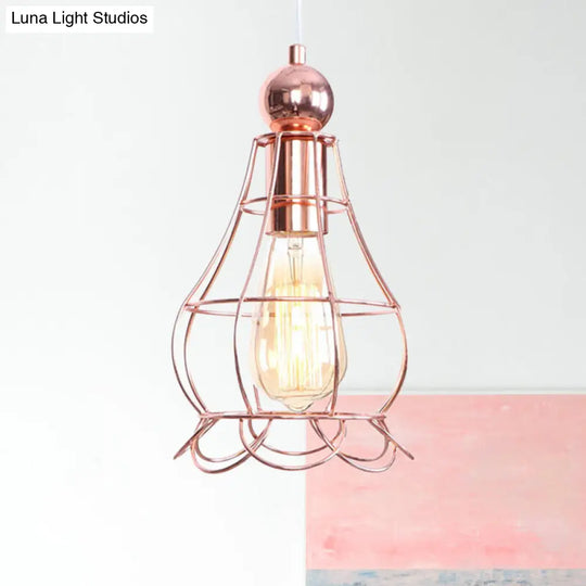 Rose Gold Hanging Pendant Lamp - Loft Style Metal Cage 1 Light Adjustable Cord Indoor Lighting